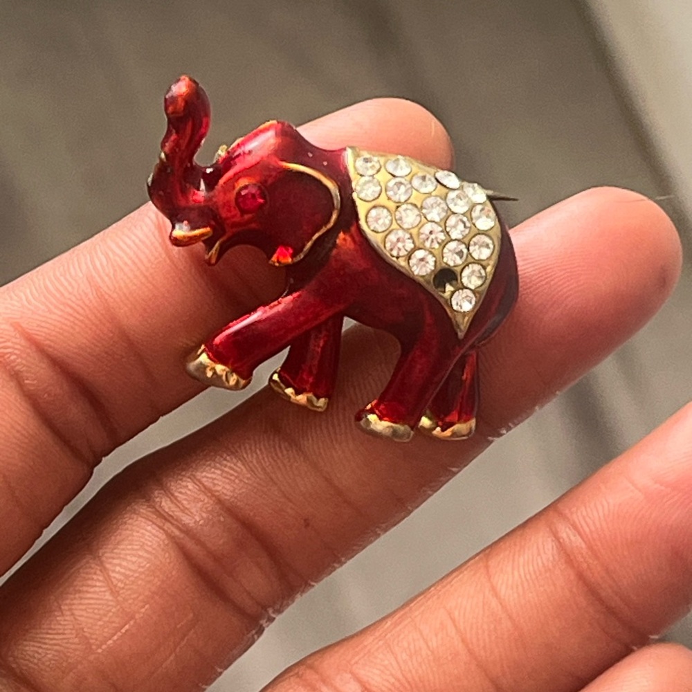 Small Red and Gold Elephant Brooch with Rhinestone Crystal Accents